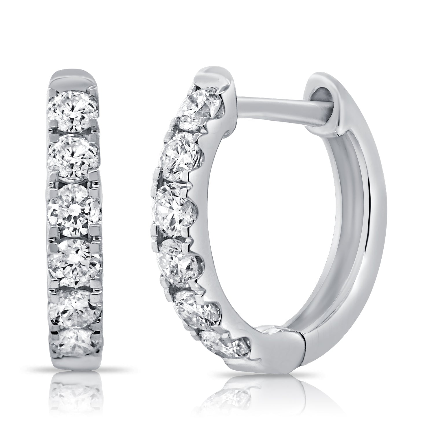 14K Gold Diamond Huggie Hoop Earrings - White
