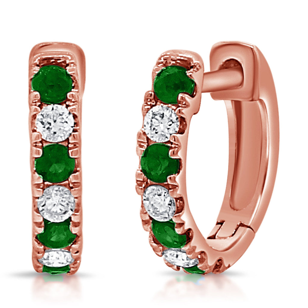 14K Gold Alternating Emerald & Diamond Huggie Earrings - Rose