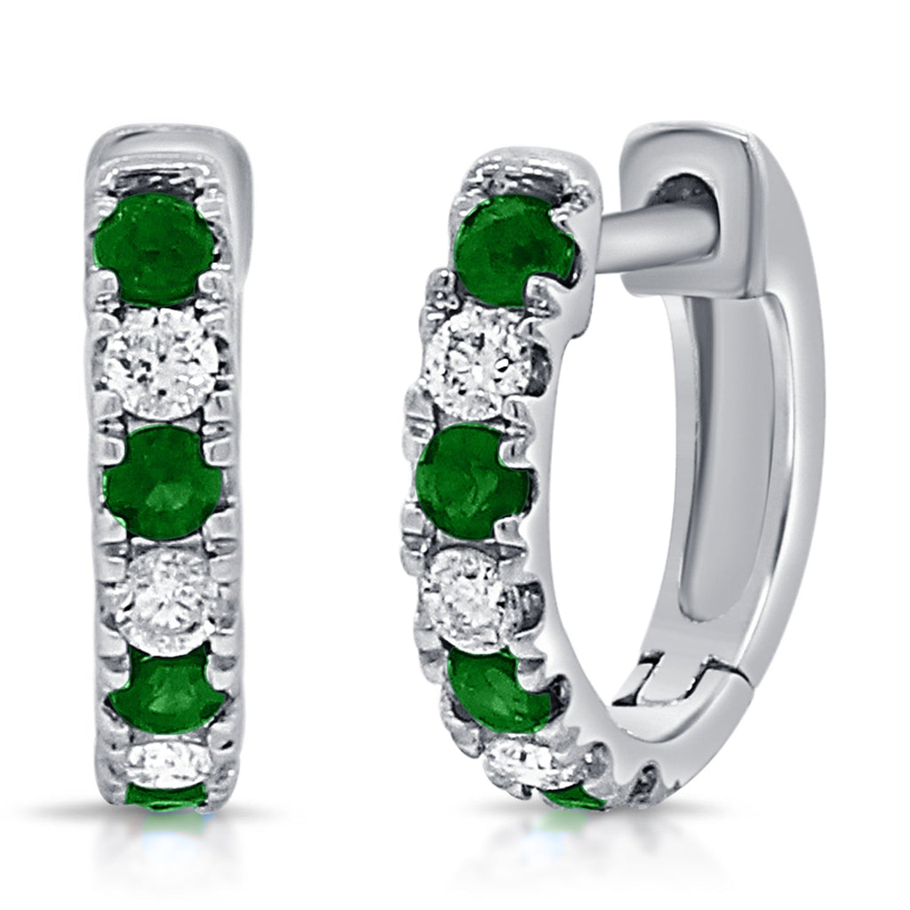 14K Gold Alternating Emerald & Diamond Huggie Earrings - White