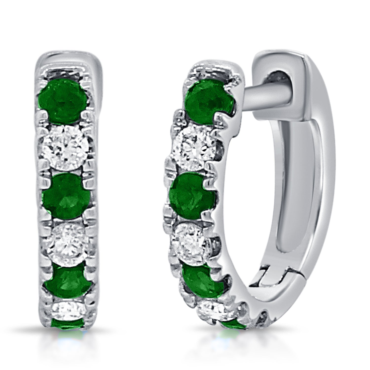 14K Gold Alternating Emerald & Diamond Huggie Earrings - White