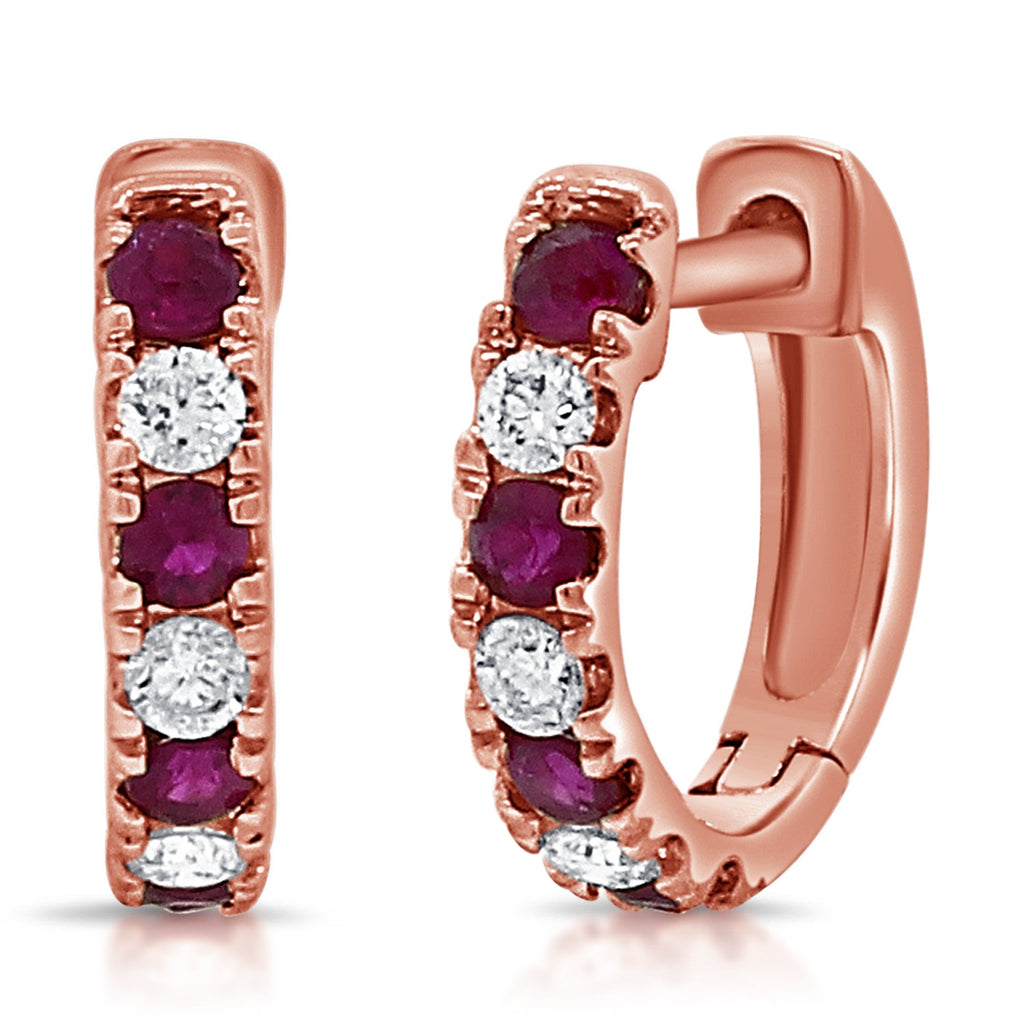 14K Gold Alternating Ruby & Diamond Huggie Earrings - Rose