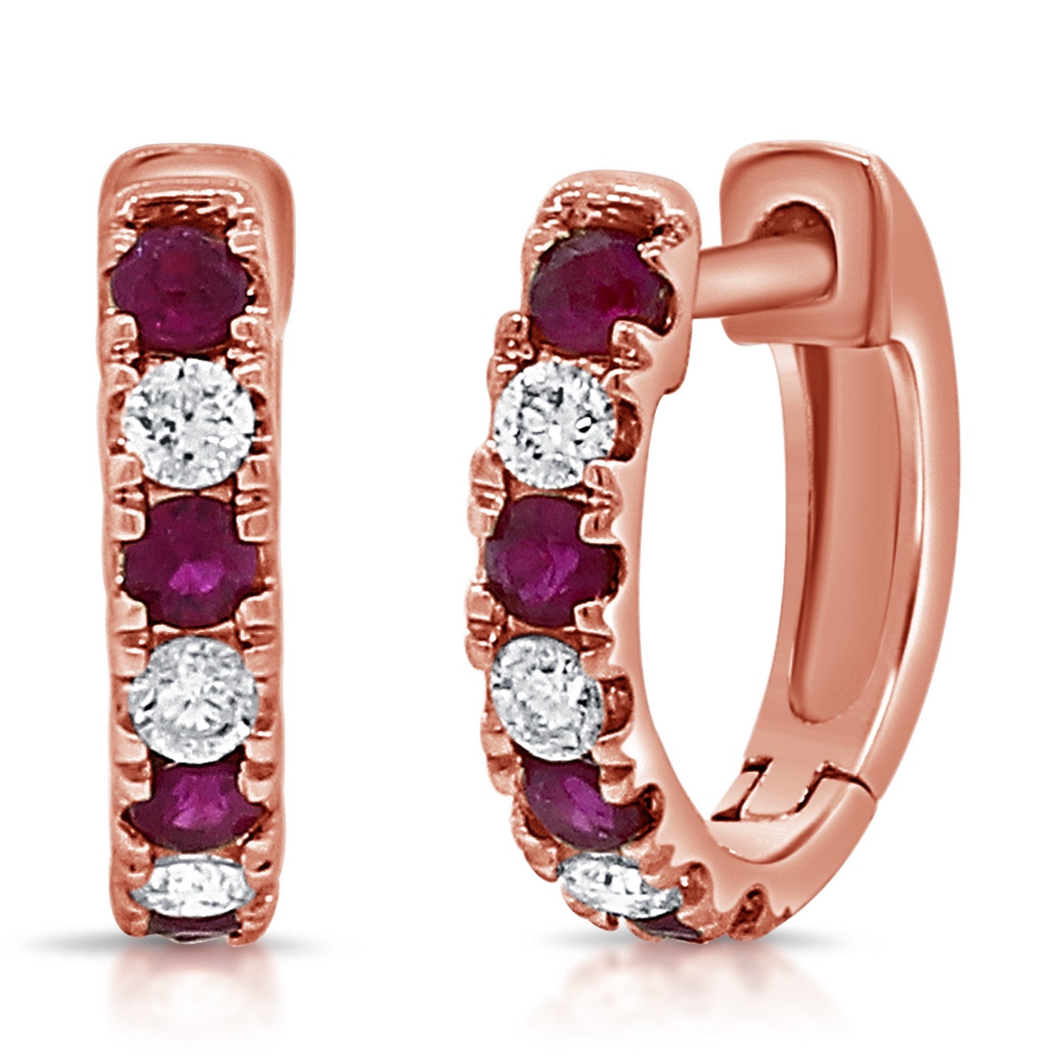 14K Gold Alternating Ruby & Diamond Huggie Earrings - Rose