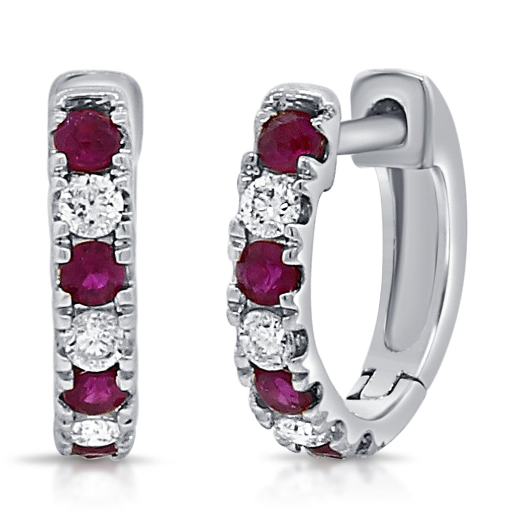 14K Gold Alternating Ruby & Diamond Huggie Earrings - White