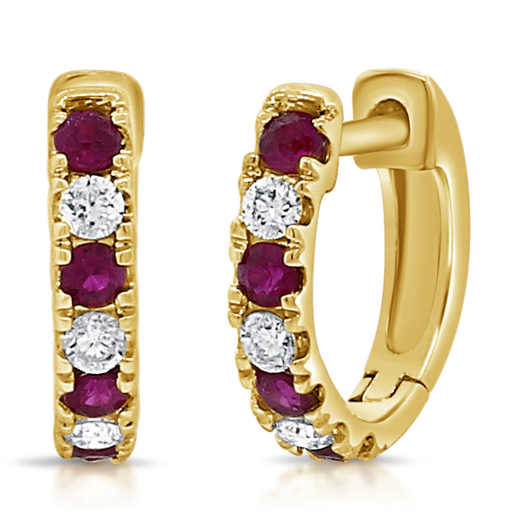 14K Gold Alternating Ruby & Diamond Huggie Earrings - Yellow