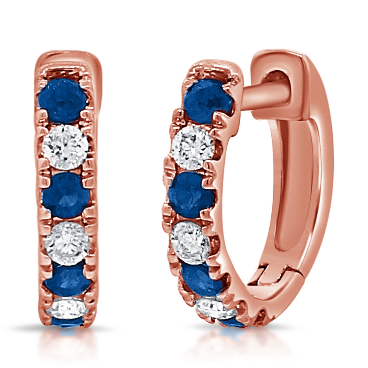 14K Gold Alternating Sapphire & Diamond Huggie Earrings- Rose