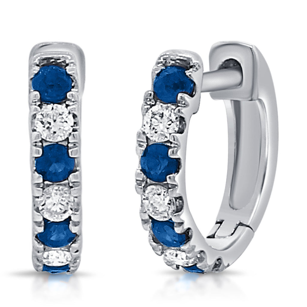 14K Gold Alternating Sapphire & Diamond Huggie Earrings- White