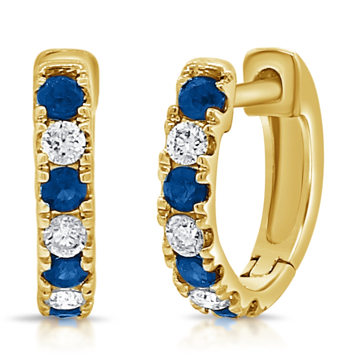 14K Gold Alternating Sapphire & Diamond Huggie Earrings- Yellow