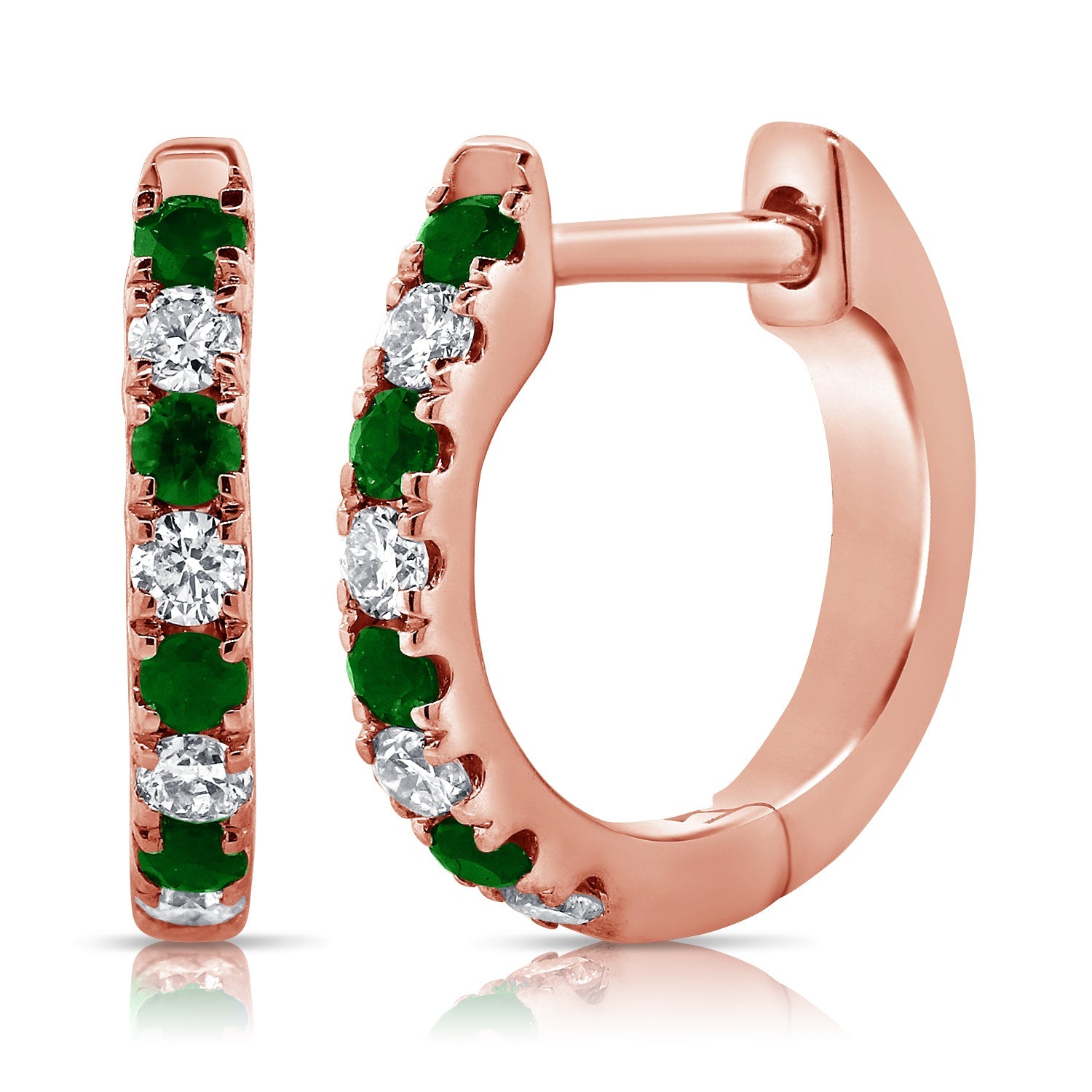 14K Gold Emerald & Diamond Huggie Earrings - Rose