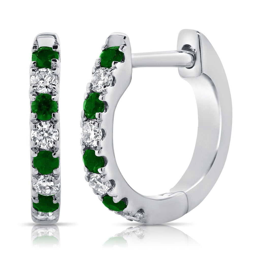 14K Gold Emerald & Diamond Huggie Earrings - White