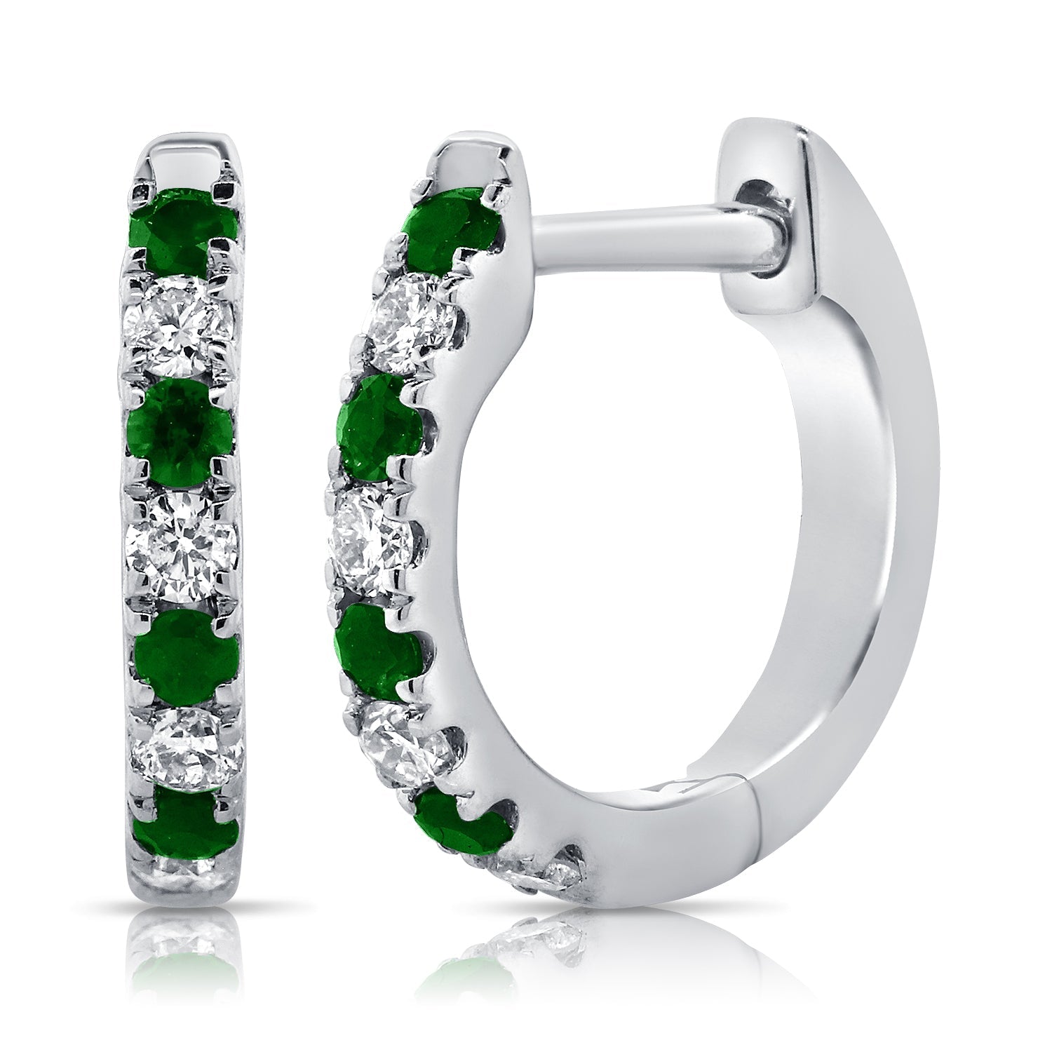 14K Gold Emerald & Diamond Huggie Earrings - White