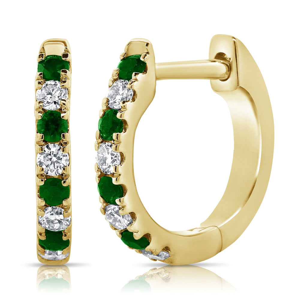 14K Gold Emerald & Diamond Huggie Earrings - Yellow