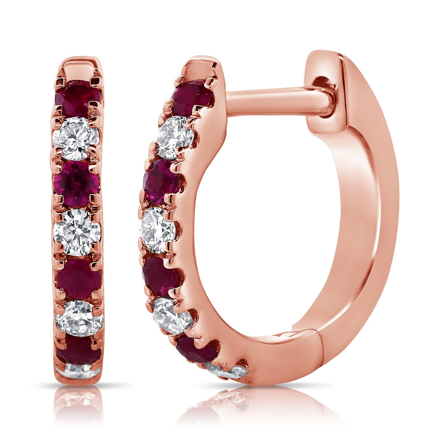 14K Gold Ruby & Diamond Alternating Huggie Earrings-Rose