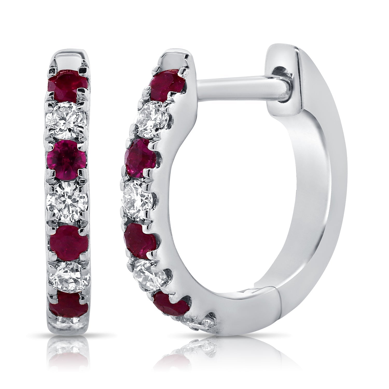 14K Gold Ruby & Diamond Alternating Huggie Earrings-White