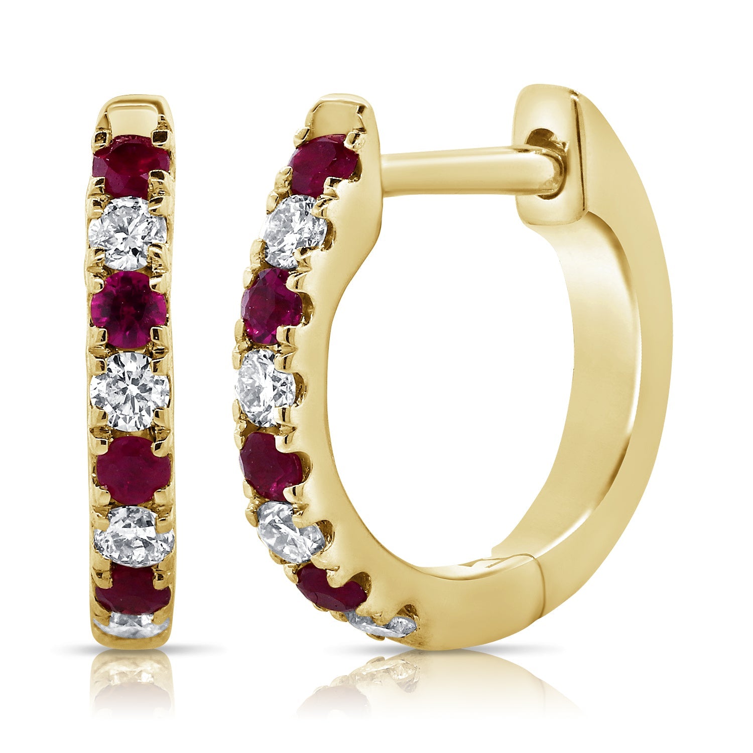 14K Gold Ruby & Diamond Alternating Huggie Earrings-Yellow