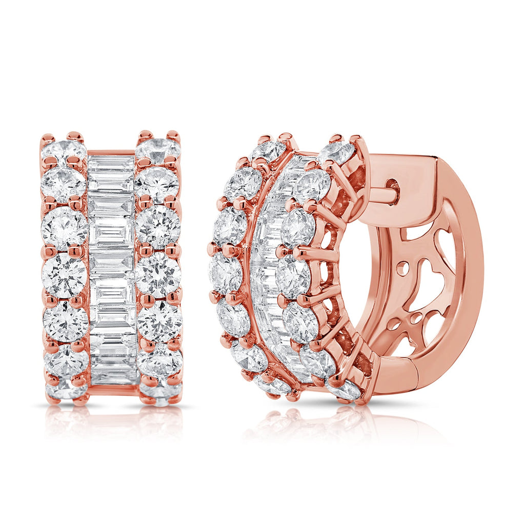 14K Gold Baguette & Round Diamond Huggie Earrings-Rose