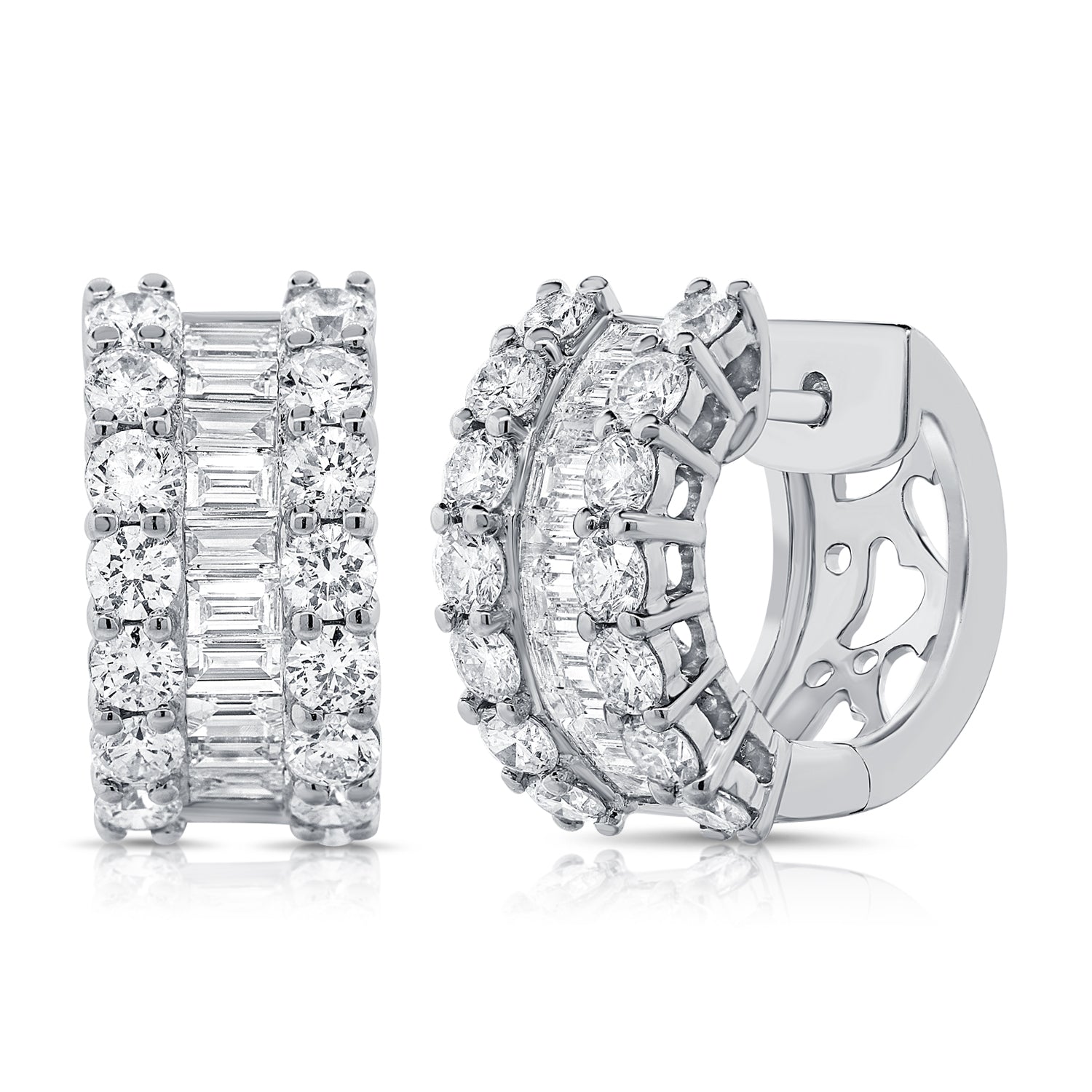 14K Gold Baguette & Round Diamond Huggie Earrings-White