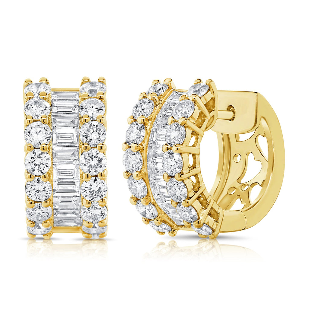 14K Gold Baguette & Round Diamond Huggie Earrings-Yellow