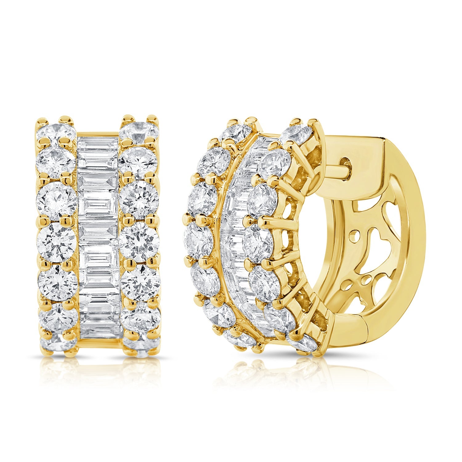 14K Gold Baguette & Round Diamond Huggie Earrings-Yellow