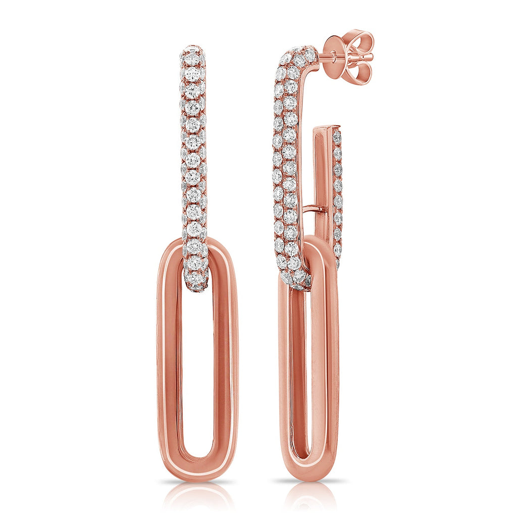 14K Gold Diamond Paperclip Link Earrings - Rose