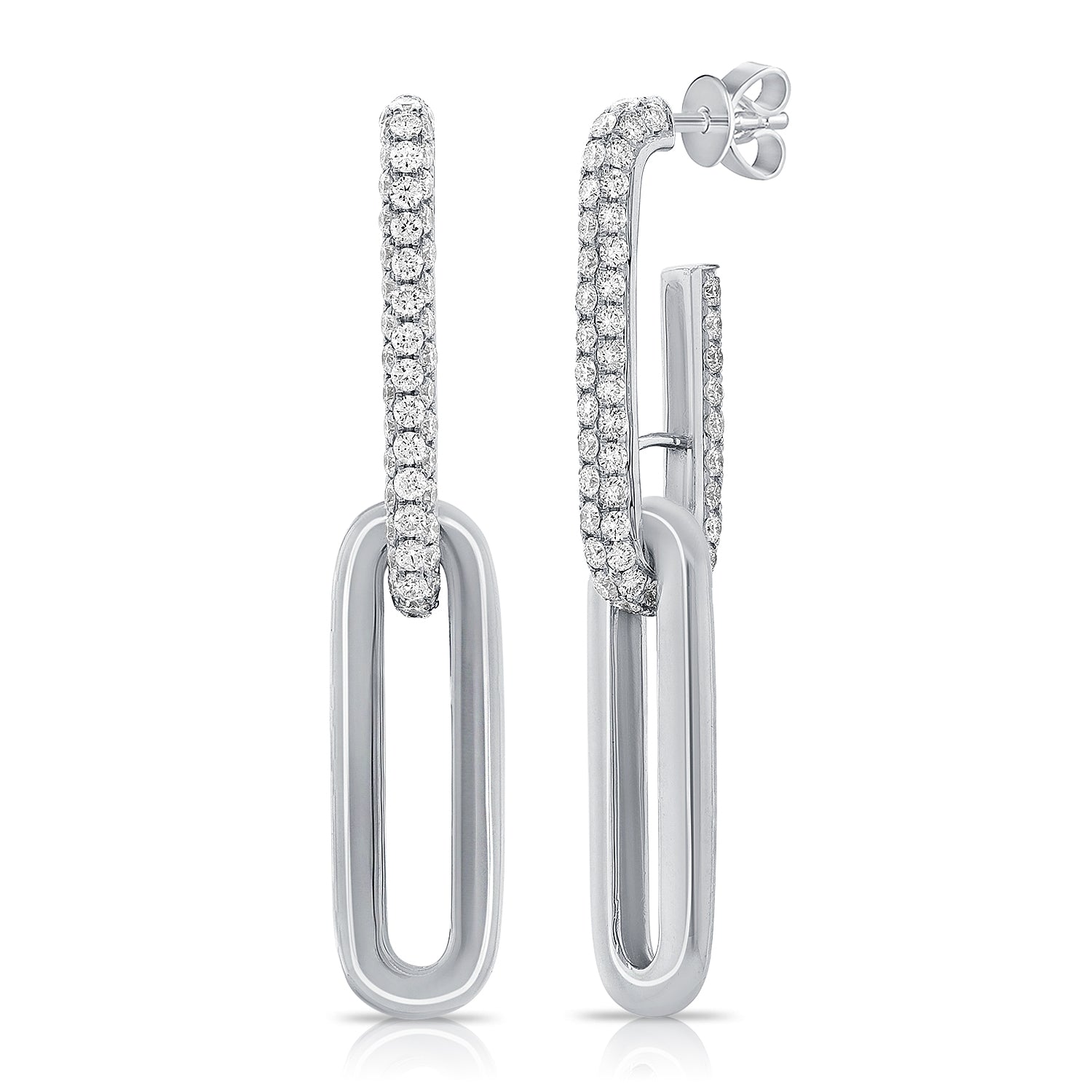 14K Gold Diamond Paperclip Link Earrings - White