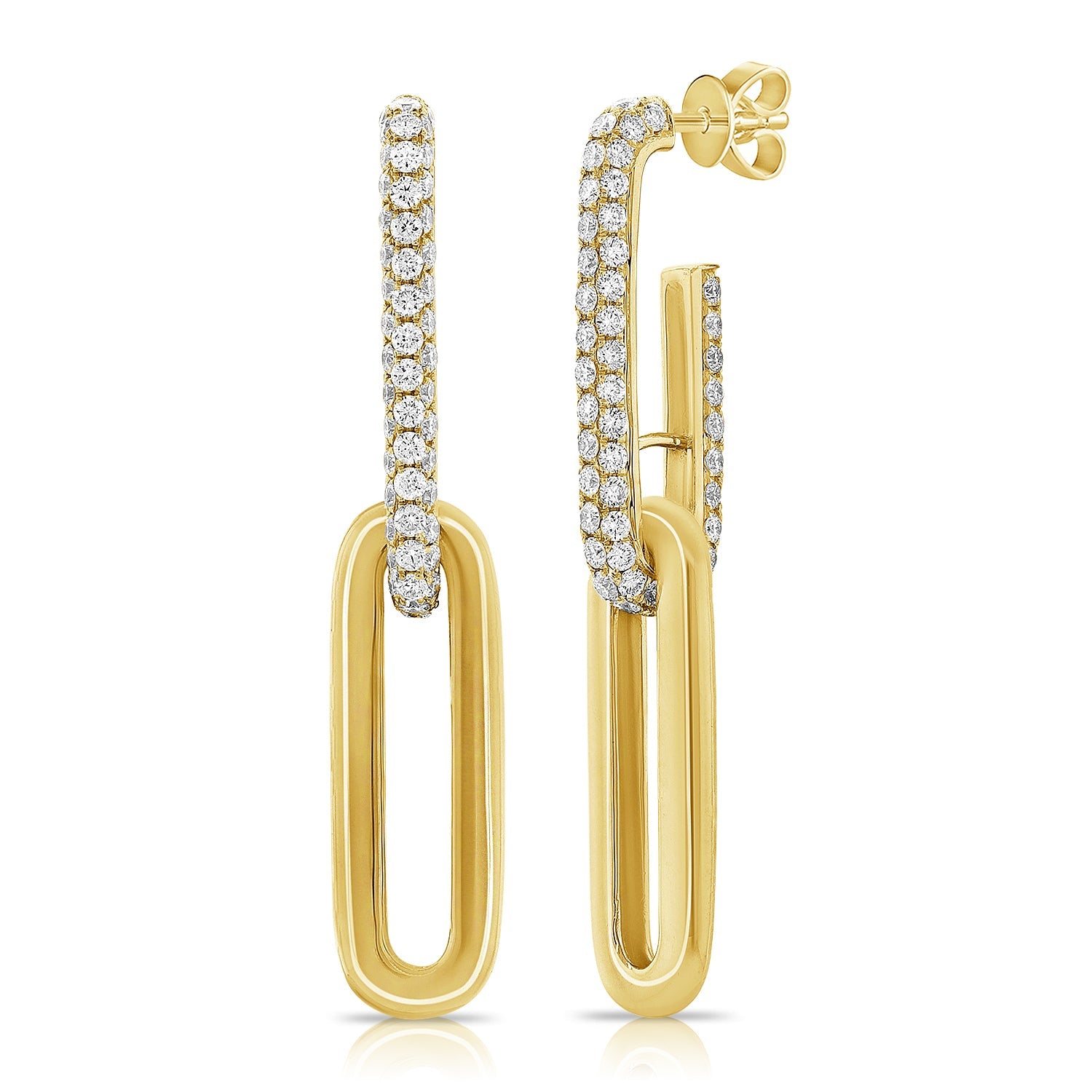 14K Gold Diamond Paperclip Link Earrings - Yellow
