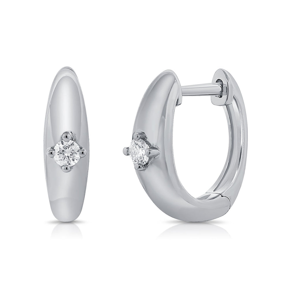 14K Gold Diamond Huggie Hoop Earrings - White