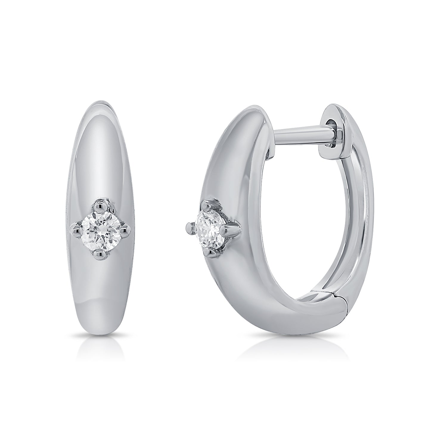 14K Gold Diamond Huggie Hoop Earrings - White