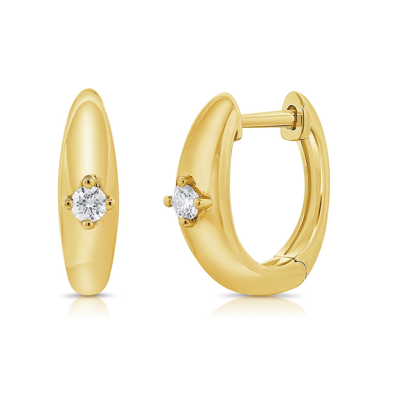 14K Gold Diamond Huggie Hoop Earrings - Yellow