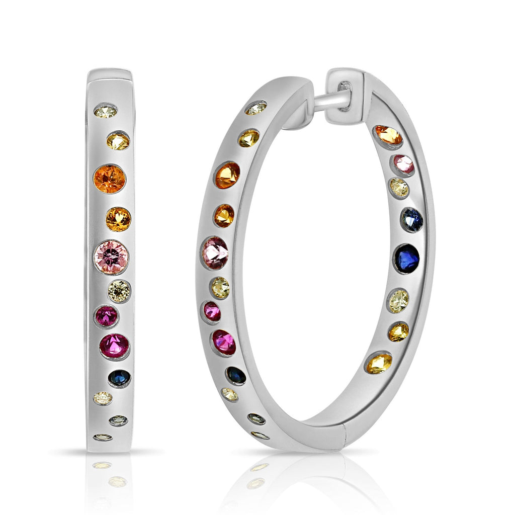 14K Gold Color Gemstone & Diamond Hoop Earrings - White