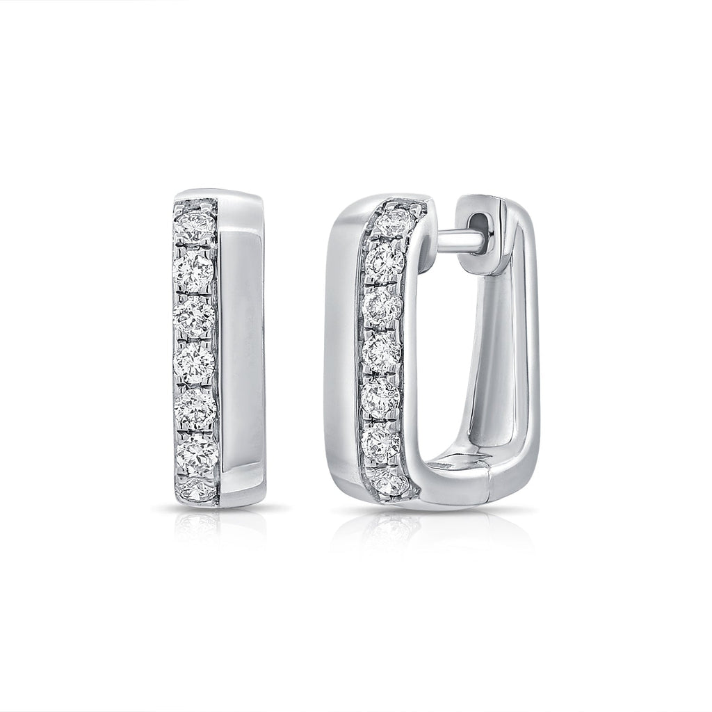 14K Gold Diamond Rectangle Huggie Earrings - Whtie
