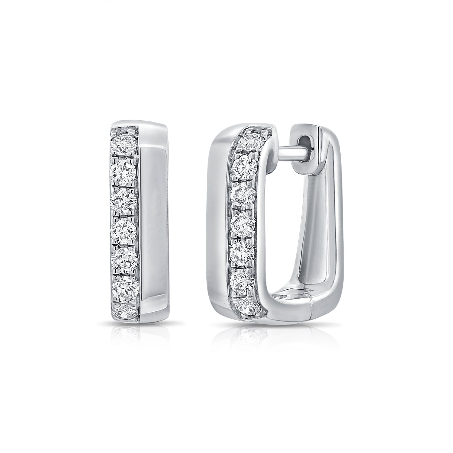 14K Gold Diamond Rectangle Huggie Earrings - Whtie