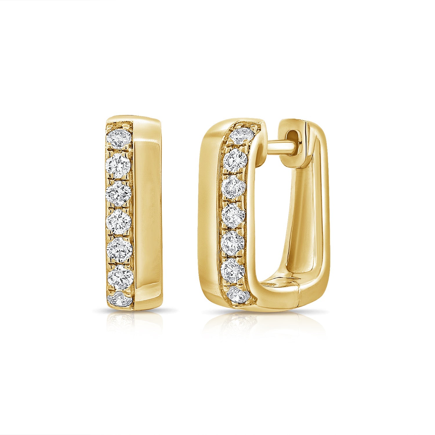 14K Gold Diamond Rectangle Huggie Earrings - Yellow