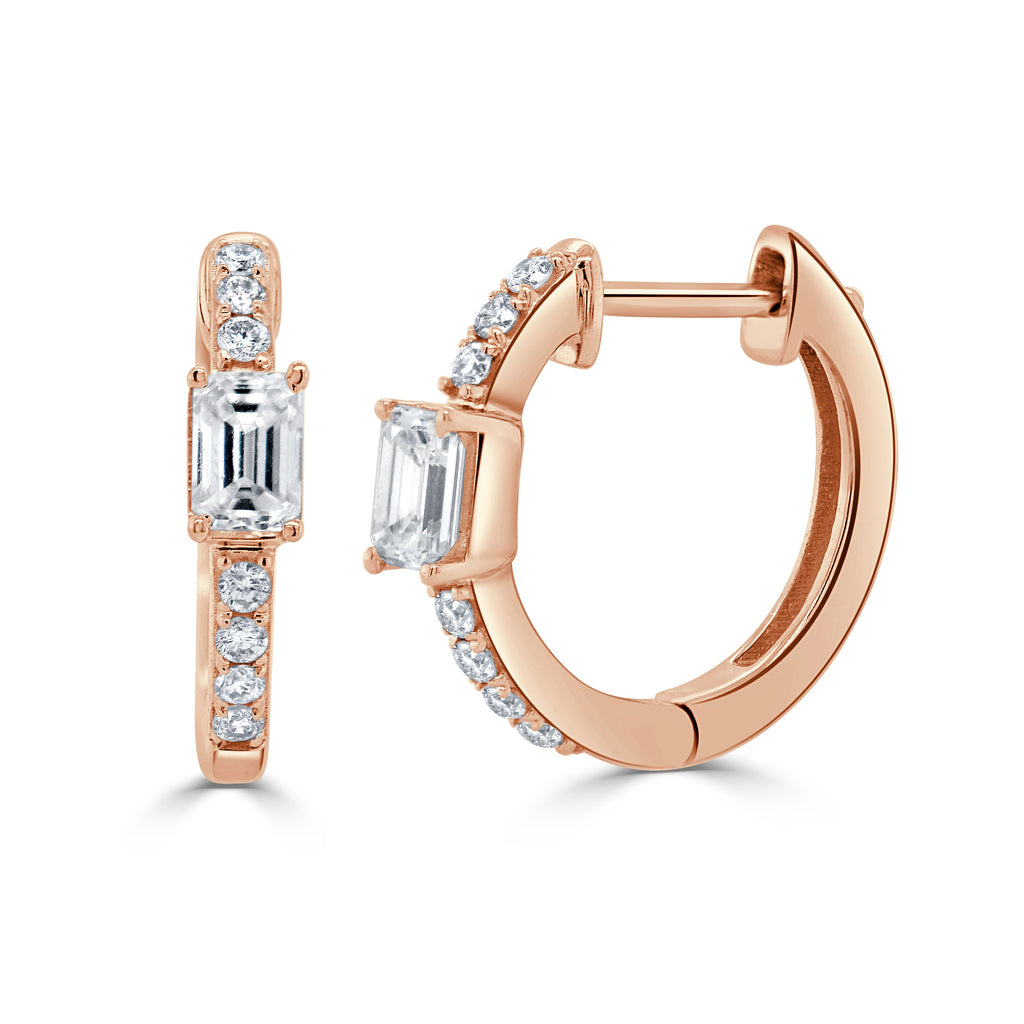 14K Gold Emerald-Cut & Round Diamond Huggie Earrings - Rose