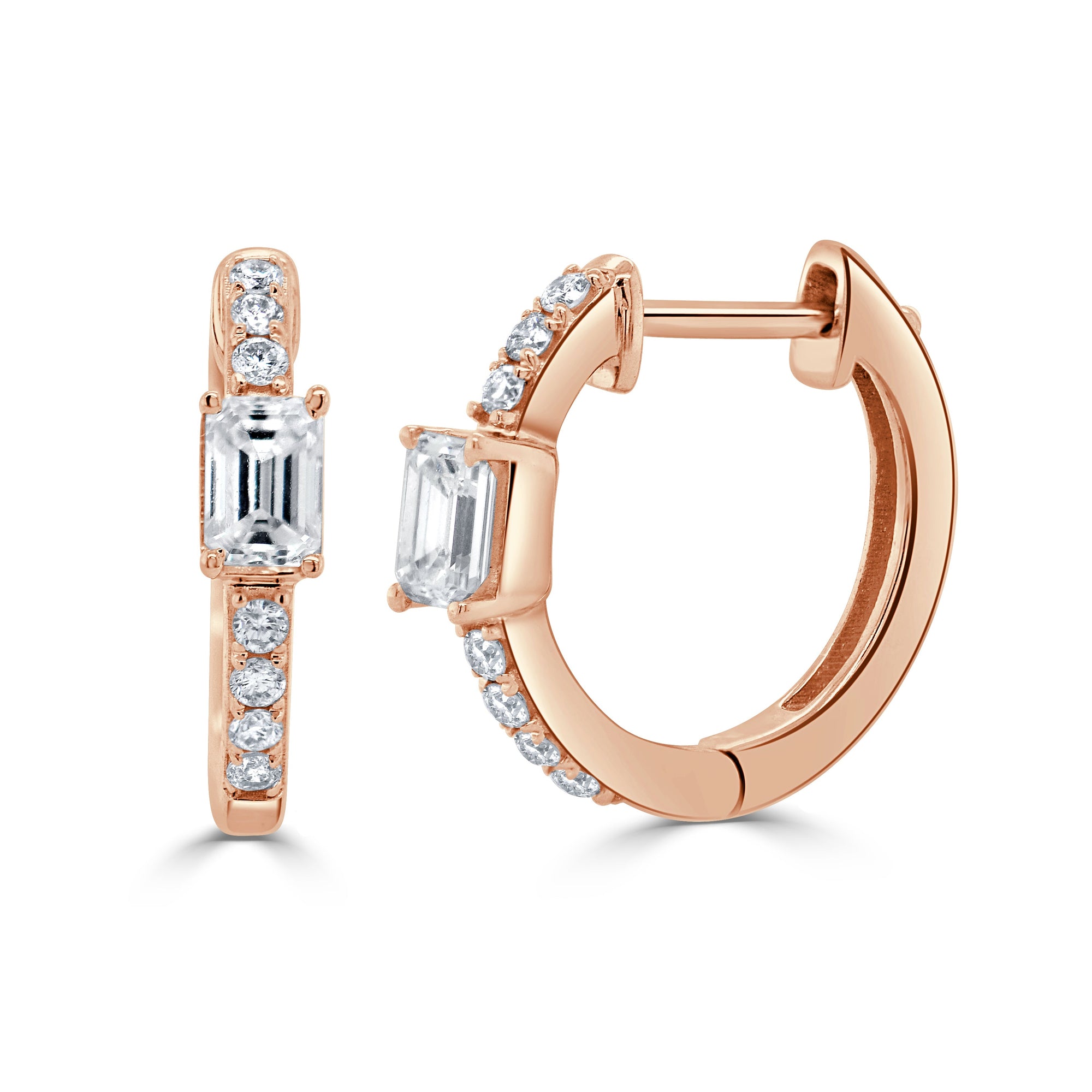 14K Gold Emerald-Cut & Round Diamond Huggie Earrings - Rose