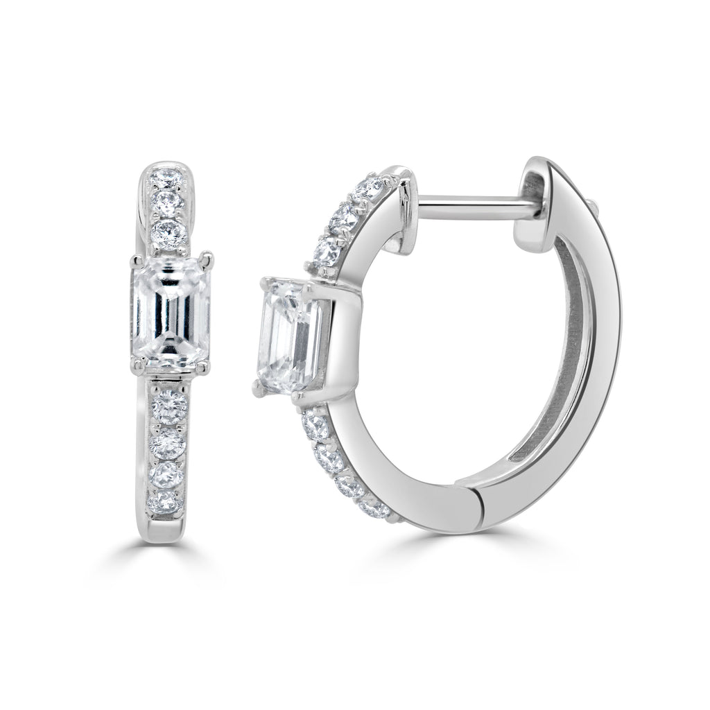 14K Gold Emerald-Cut & Round Diamond Huggie Earrings - White