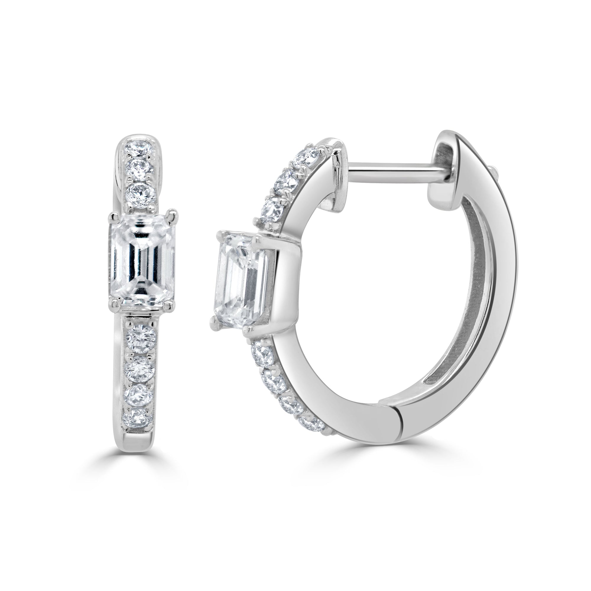 14K Gold Emerald-Cut & Round Diamond Huggie Earrings - White