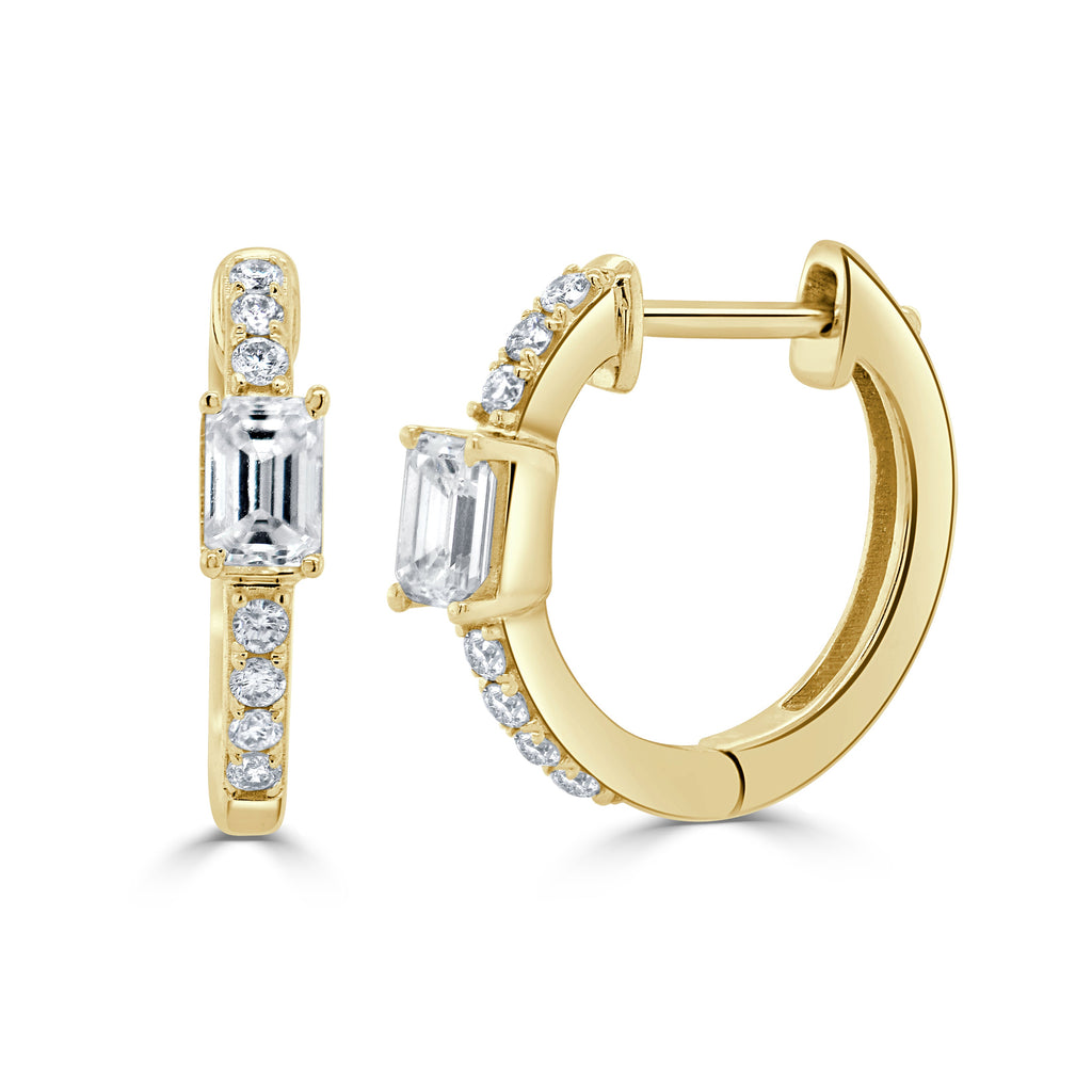 14K Gold Emerald-Cut & Round Diamond Huggie Earrings - Yellow