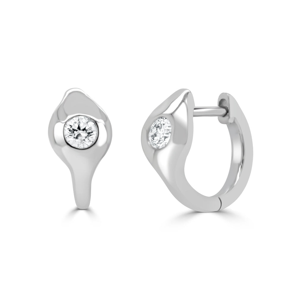 14K Gold Round Diamond Huggie Earrings -White