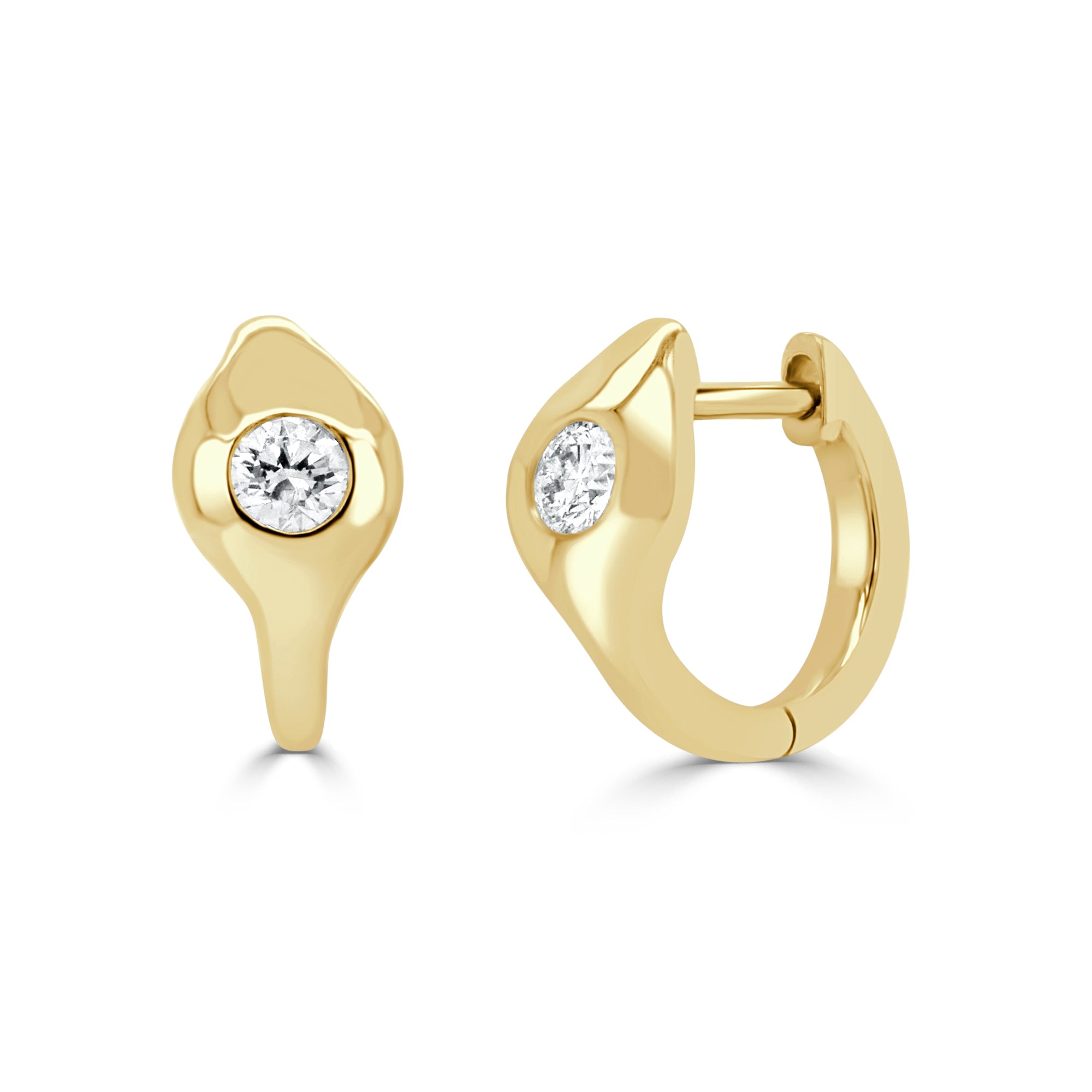 14K Gold Round Diamond Huggie Earrings -Yellow