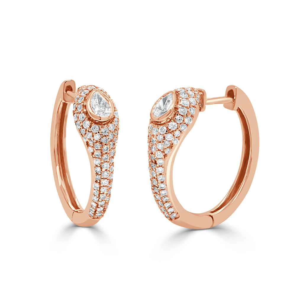 14K Gold Pear Shape & Round Diamond Huggie Earrings-Rose