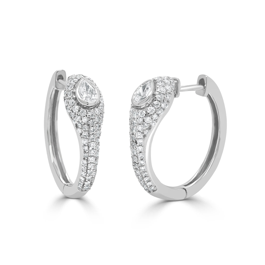 14K Gold Pear Shape & Round Diamond Huggie Earrings-White