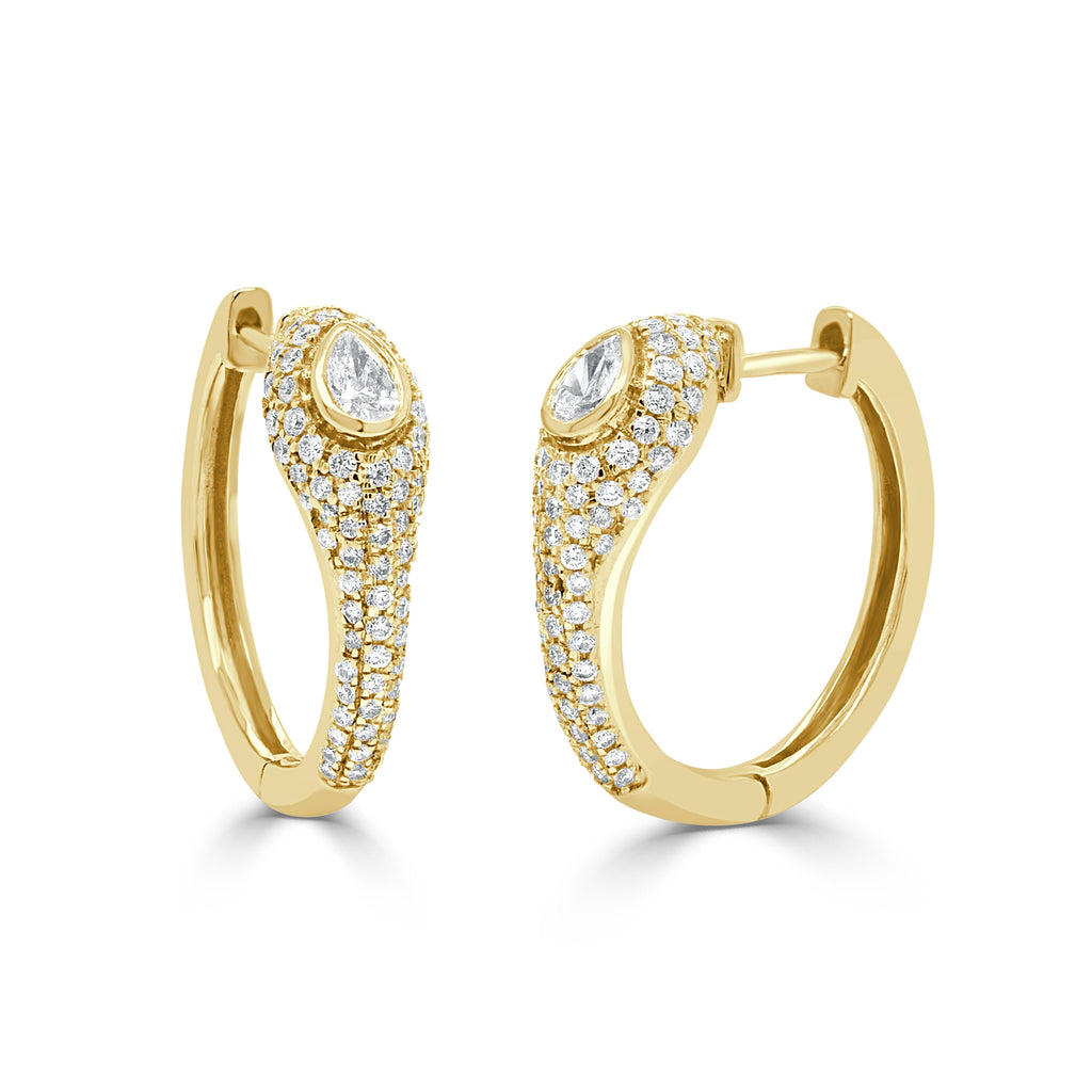 14K Gold Pear Shape & Round Diamond Huggie Earrings-Yellow