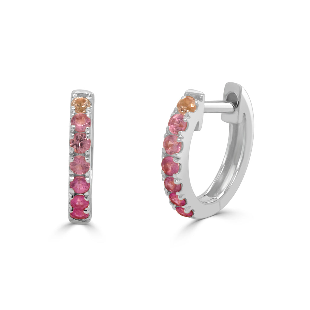 14K Gold Ombre Pink Sapphire Huggie Earrings-White