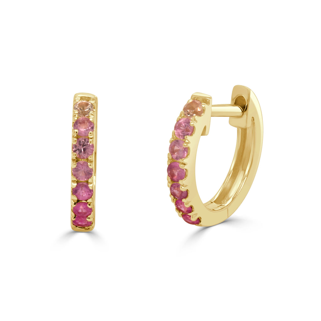 14K Gold Ombre Pink Sapphire Huggie Earrings-Yellow