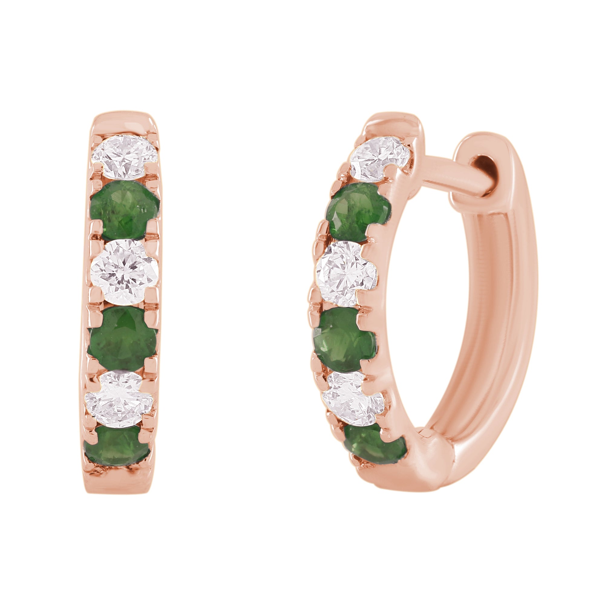 14K Gold Emerald & Diamond Alternating Huggie Earrings-Rose