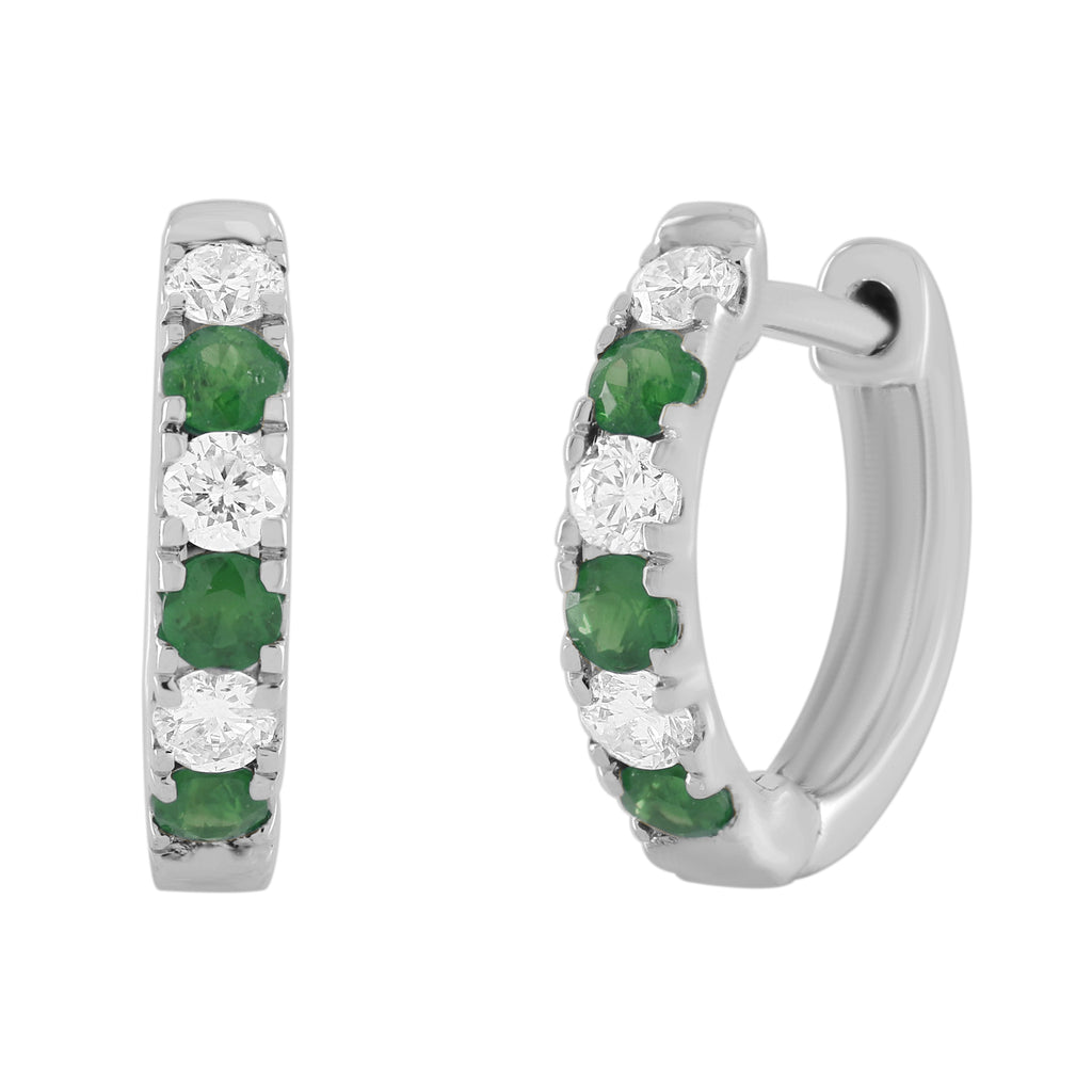 14K Gold Emerald & Diamond Alternating Huggie Earrings-White