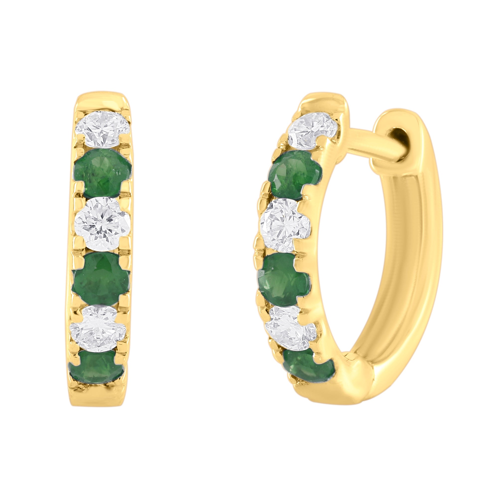 14K Gold Emerald & Diamond Alternating Huggie Earrings-Yellow