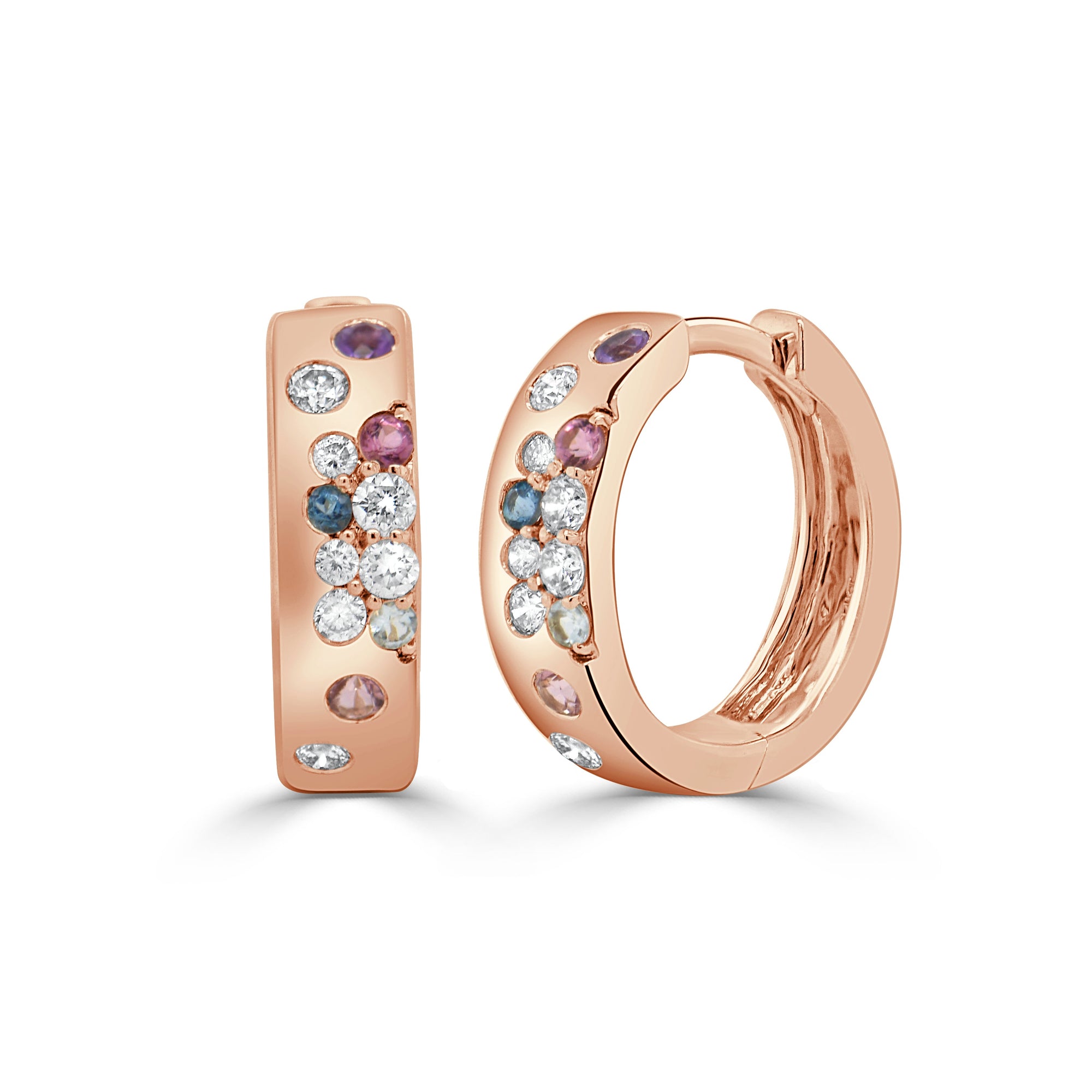 14K Gold Multi-Sapphire & Diamond Hoop Earrings-Rose