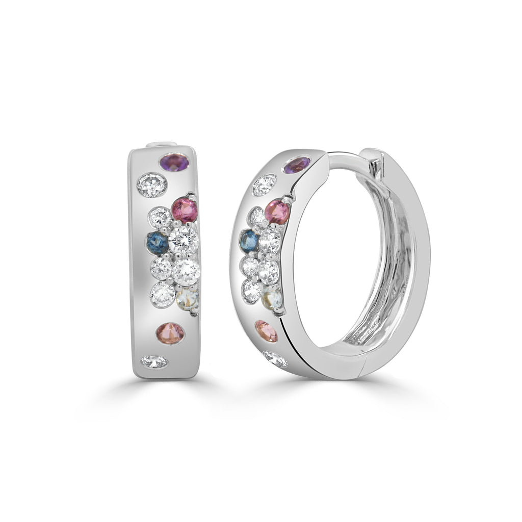 14K Gold Multi-Sapphire & Diamond Hoop Earrings-White
