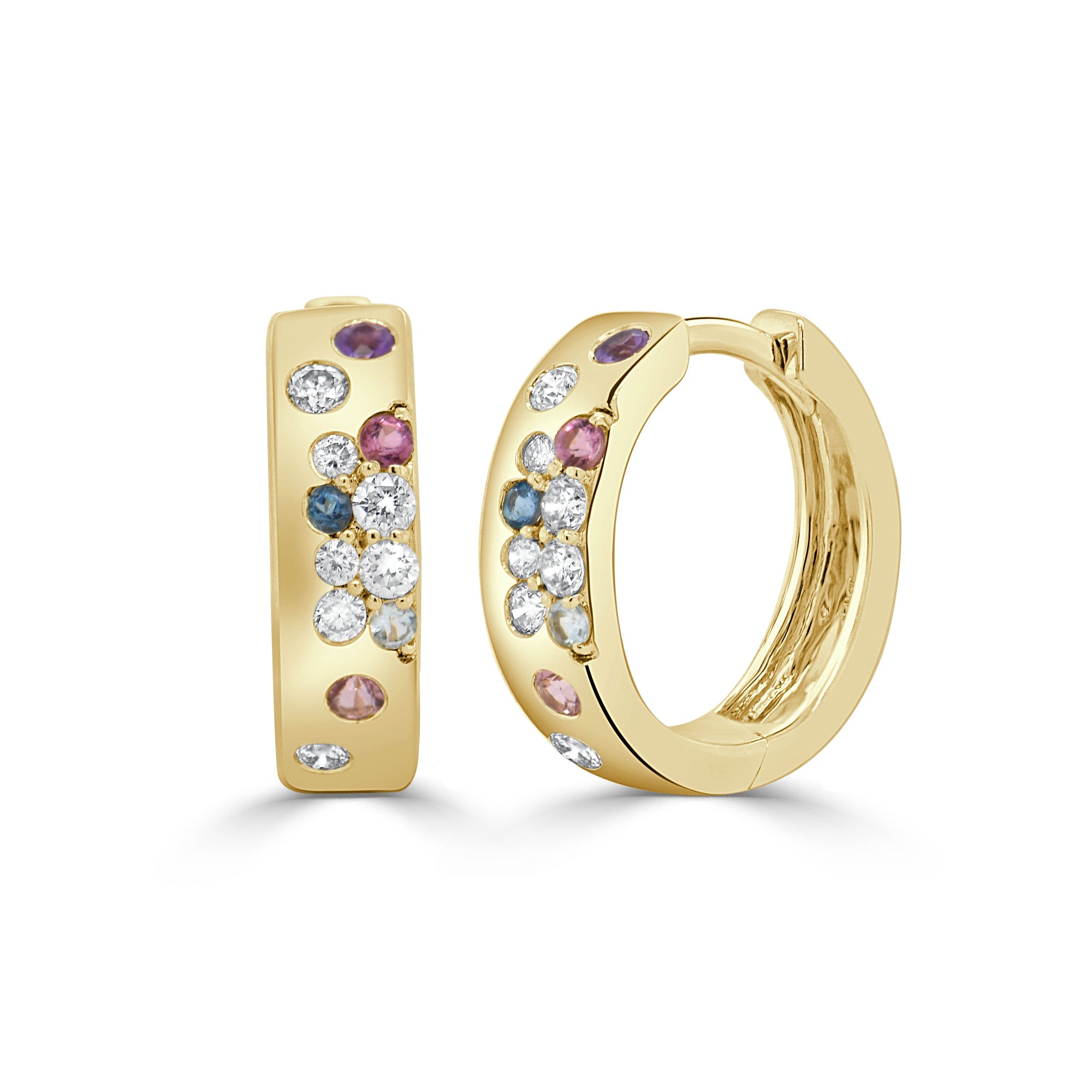 14K Gold Multi-Sapphire & Diamond Hoop Earrings-Yellow